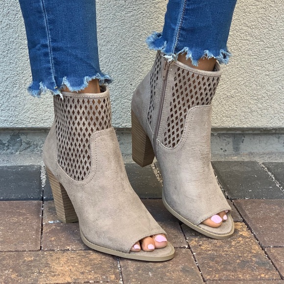 Taupe Peep Toe Perforated Laser Cut Ankle Bootie - Picture 7 of 8